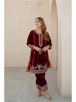 Sheetal Batra - Asiyah - Maroon Silk Velvet Short Kurta with Salwar