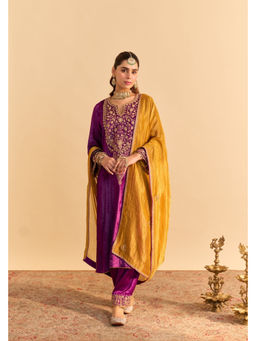 Sheetal Batra - Fareeha - Silk Velvet Deep Purple Kurta with Salwar and Light Dupatta