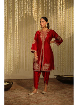 Sheetal Batra - Gulbano - Deep Red Short Kurta with Dhoti and Heavy Dupatta