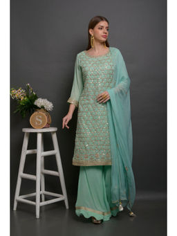 SURABHI ARYA - Green Georgette Embroidered Kurta With Sharara and Dupatta