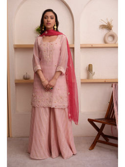 SURABHI ARYA - Pink Organza Embroidered Kurta With Sharara and Dupatta
