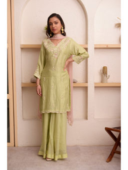 SURABHI ARYA - Green Tissue Embroidered Kurta With Sharara and Dupatta