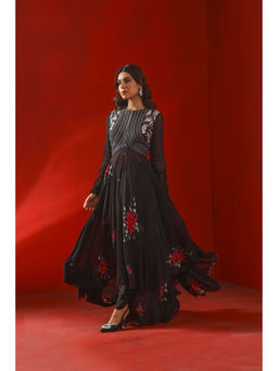 ISHA GUPTA TAYAL - Black Magnolia Printed and Embroidered Anarkali and Pant with Dupatta