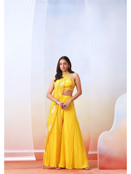 ISHA GUPTA TAYAL - Yellow Printed Top and Sharara Set with Embroidered Drape Cape