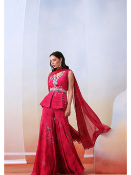 ISHA GUPTA TAYAL - Pink Printed and Embroidered Top and Sharara Set with Drape Dupatta