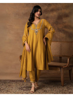 ISHA GUPTA TAYAL - Yellow Rajsi Silk Embroidered Kurta and Pant with Dupatta