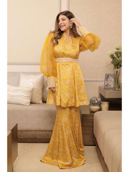 SURABHI ARYA - Yellow Cotton Embroidered Kurta With Sharara and Dupatta