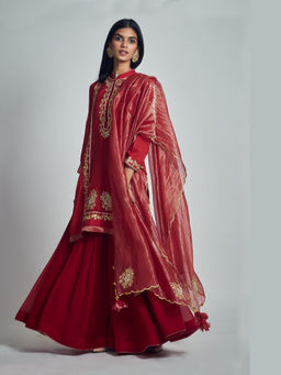Sheetal Batra - Nasira- Deep Red Habutai Silk Embroidered Kurta with Garara and Dupatta