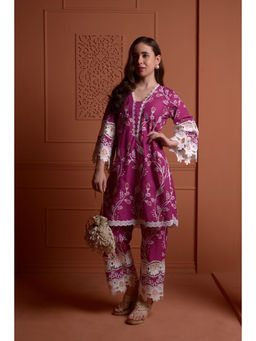 SURABHI ARYA - Wine Cotton Embroidered Kurta With Pant Co-ords
