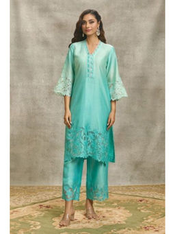 SURABHI ARYA - Teal Chanderi Embroidered Kurta With Pant Co-ords