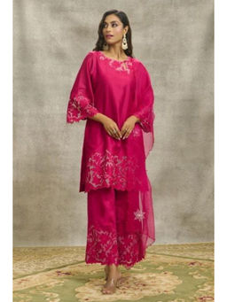 SURABHI ARYA - Pink Chanderi Embroidered Kurta With Palazzo and Dupatta