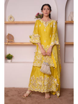 SURABHI ARYA - Yellow Chanderi Embroidered Kurta With Sharara and Dupatta