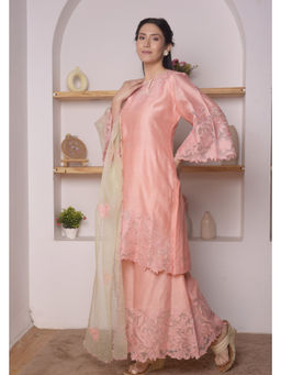 SURABHI ARYA - Coral Chanderi Embroidered Kurta With Sharara and Dupatta