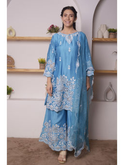 SURABHI ARYA - Blue Silk Embroidered Kurta With Sharara and Dupatta