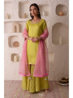 SURABHI ARYA - Green Organza Embroidered Kurta With Sharara and Dupatta