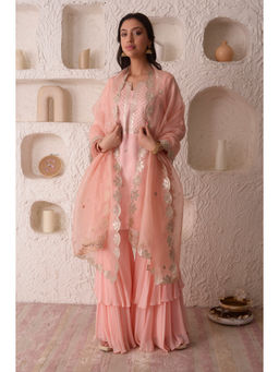 SURABHI ARYA - Peach Silk Embroidered Kurta With Sharara and Dupatta