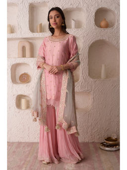 SURABHI ARYA - Pink Tissue Embroidered Kurta With Gharara and Dupatta