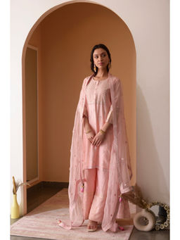 SURABHI ARYA - Peach Chanderi Silk Embroidered Kurta With Sharara and Dupatta