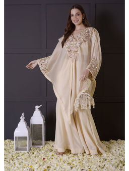 SURABHI ARYA - Ivory Organza Embroidered Cape With Palazzo With Crop Top