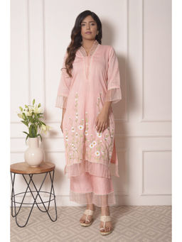 SURABHI ARYA - Peach Chanderi Floral Kurta With Pant Co-ords