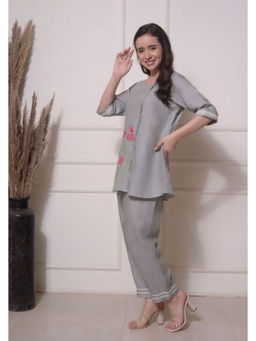 SURABHI ARYA - Grey Linen Embroidered Top With Pant Co-ords