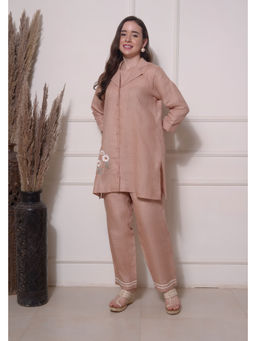 SURABHI ARYA - Brown Linen Embroidered Kurta With Pant Co-ords