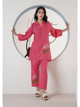 SURABHI ARYA - Pink Linen Embroidered Kurta With Pant Co-ords