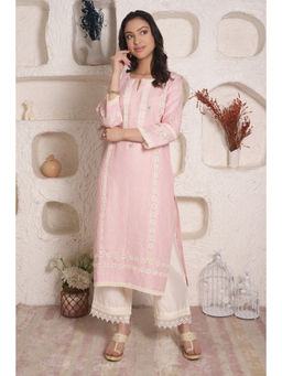SURABHI ARYA - Pink Linen Embroidered Kurta With Pant Co-ords