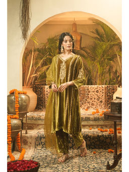 SURABHI ARYA - Olive Velvet Embroidered Kurta With Pant and Dupatta