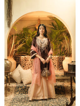 SURABHI ARYA - Brown Velvet Embroidered Kurta With Sharara and Dupatta