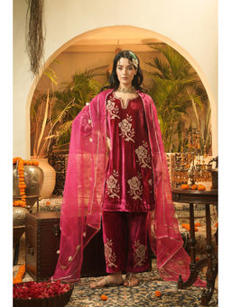 SURABHI ARYA - Maroon Velvet Embroidered Kurta With Pant and Dupatta