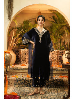 SURABHI ARYA - Navy Blue Velvet Embroidered Kurta With Pant and Dupatta