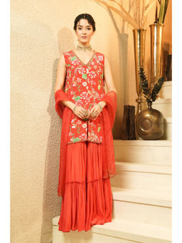 SURABHI ARYA - Red Silk Floral Kurta With Sharara and Dupatta