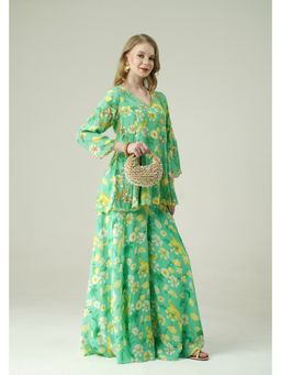 SURABHI ARYA - Green Crepe Floral Kurta With Sharara Co-ords