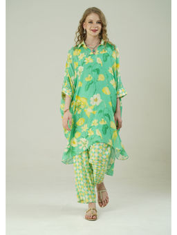 SURABHI ARYA - Green Muslin Floral Kaftan With Pant Co-ords