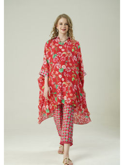SURABHI ARYA - Red Muslin Floral Kaftan With Pant Co-ords