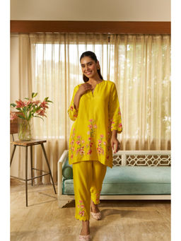 SURABHI ARYA - Mustard Silk Embroidered Kurta With Pant Co-ords