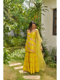 SURABHI ARYA - Yellow Cotton Embroidered Kurta With Gharara and Dupatta