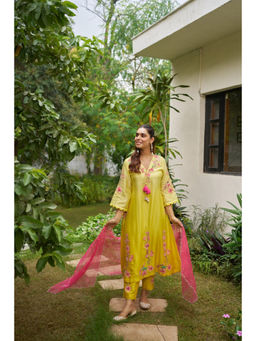 SURABHI ARYA - Yellow Silk Floral Kurta With Pant and Dupatta