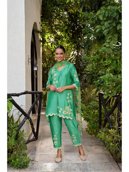 SURABHI ARYA - Green Silk Floral Kurta With Pant and Dupatta