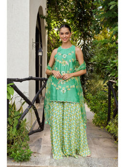 SURABHI ARYA - Green Silk Floral Kurta With Sharara and Dupatta
