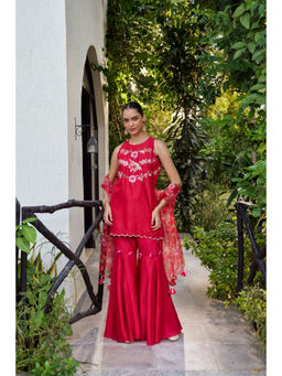 SURABHI ARYA - Red Cotton Floral Kurta With Sharara and Dupatta