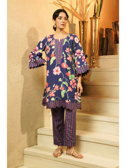 SURABHI ARYA - Navy Blue Polyester Floral Kurta With Pant Co-ords