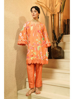 SURABHI ARYA - Orange Crepe Floral Kurta With Pant Co-ords