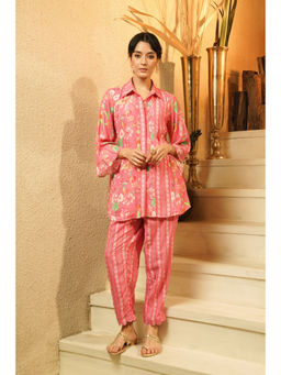 SURABHI ARYA - Pink Muslin Floral Kurta With Pant Co-ords