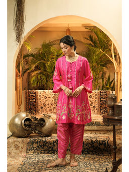 SURABHI ARYA - Pink Silk Floral Kurta With Pant Co-ords