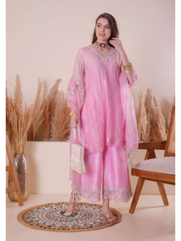 SURABHI ARYA - Pink Pure Cotton Embroidered Kurta With Palazzo and Dupatta