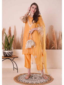 SURABHI ARYA - Orange Cotton Embroidered Kurta With Pant and Dupatta