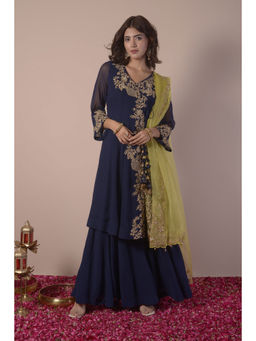 SURABHI ARYA - Navy Blue Georgette Embroidered Kurta With Sharara and Dupatta