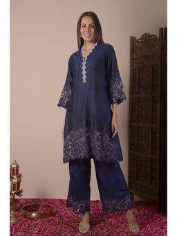 SURABHI ARYA - Navy Blue Silk Embroidered Kurta With Palazzo Co-ords
